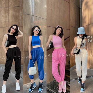 Set bộ thun thể thao áo croptop ba lỗ phối quần dài bo ống!