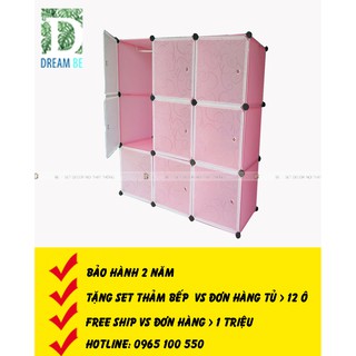 Tủ nhựa ghép thông minh giá rẻ 9 ô màu hồng cửa trắng vân trong
