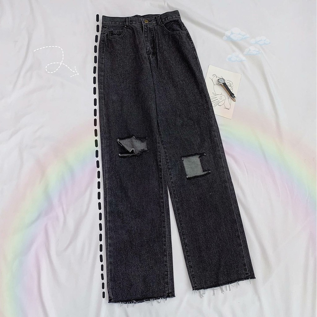 Quần Baggy Jean DELI Rách Gối Dáng Suông Lưng Cao Ulzzang (Ảnh Thật)