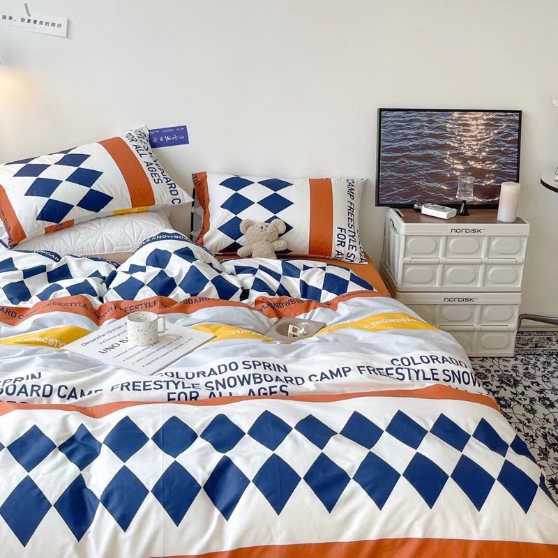 Bộ Chăn Ga Gối ❤️ Cotton living 100% cao cấp đủ size ga giường họa tiết kẻ miễn phí bo chun nhập khẩu Hàn Quốc