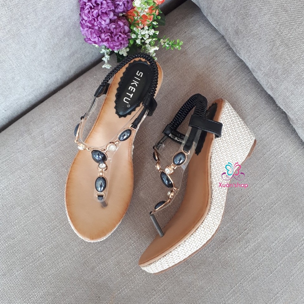 Giày sandal xỏ ngón Siketu, đế xuồng bọc cói cao 7cm (size 37-235)