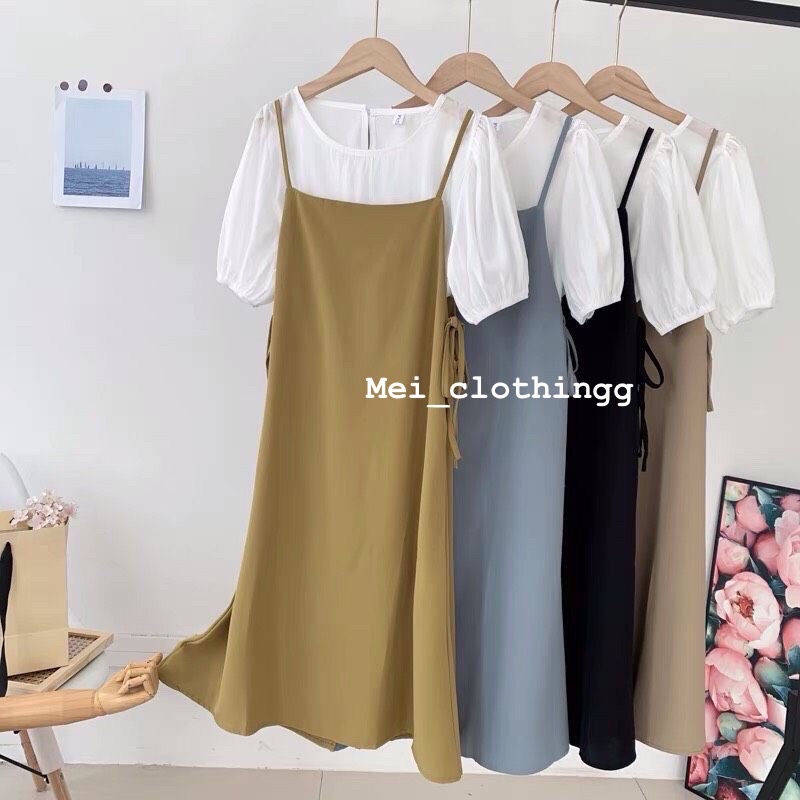 [Ảnh thật/video] Set yếm lụa Quảng Châu loại 1 có dây buộc hông kèm áo sơmi trắng