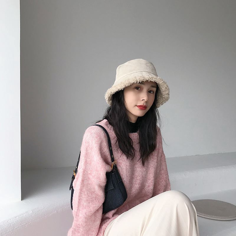Nón Bucket Len Lông Cừu Màu Trơn Thời Trang Thu Đông Hàn Quốc Cho Nữ
