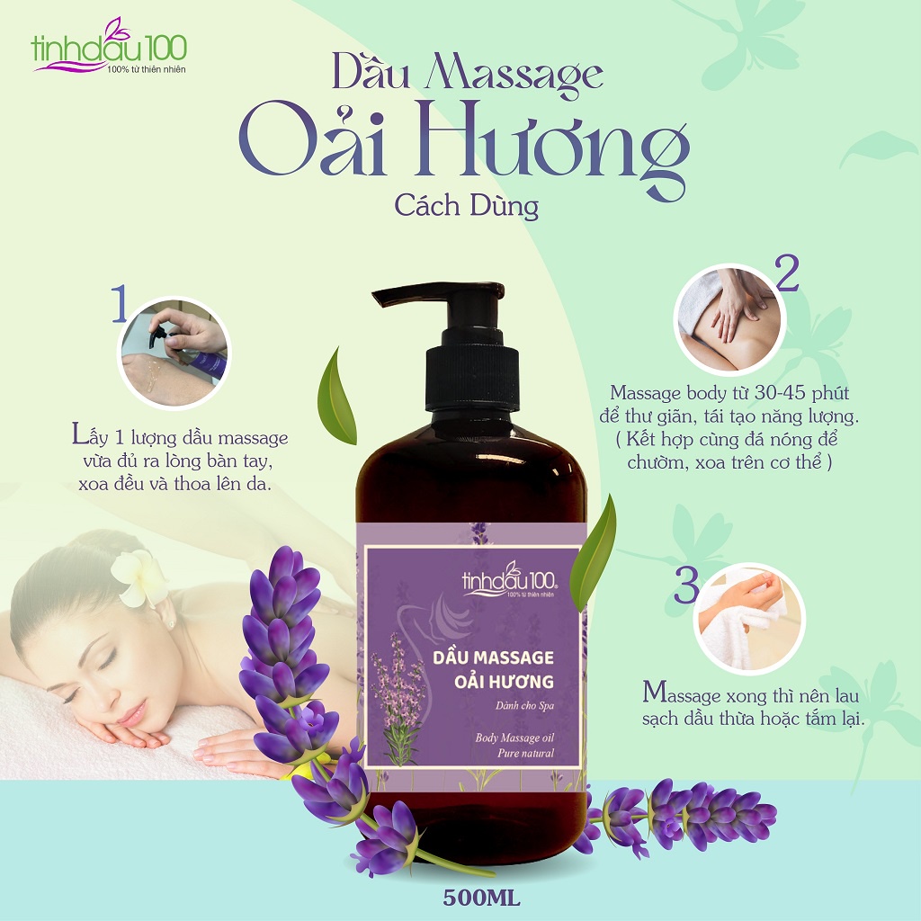 Dầu massage body oải hương (lavender) dành cho Spa, hương thơm thư giãn, trị liệu 500 ml - Tinh Dầu 100