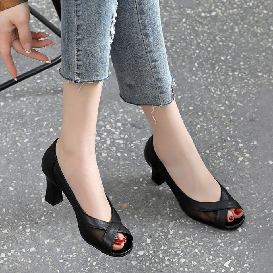 Giày cao gót da phối lưới thoáng khí phong cách mùa hè 2021 sành điệu cho nữ