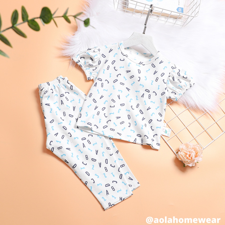 Bộ tay ngắn quần dài bé gái thun cotton mặc ngủ mùa hè áo tay phồng họa tiết hoa nhí thỏ Áo Lá Homewear BCTB22