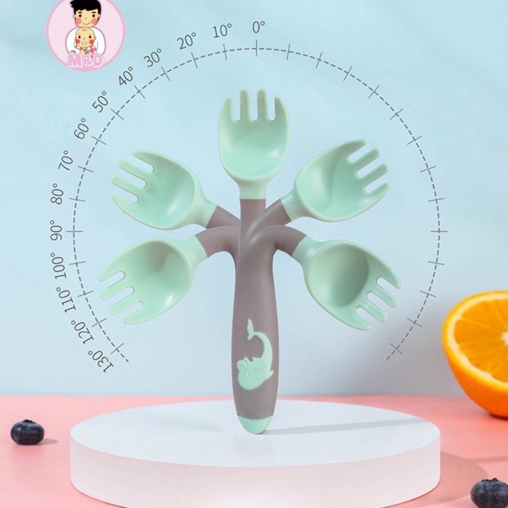 Thìa ăn dặm, bộ thìa dĩa Silicon uốn cong hình cá heo kèm hộp cho bé, kích thước 3x14cm