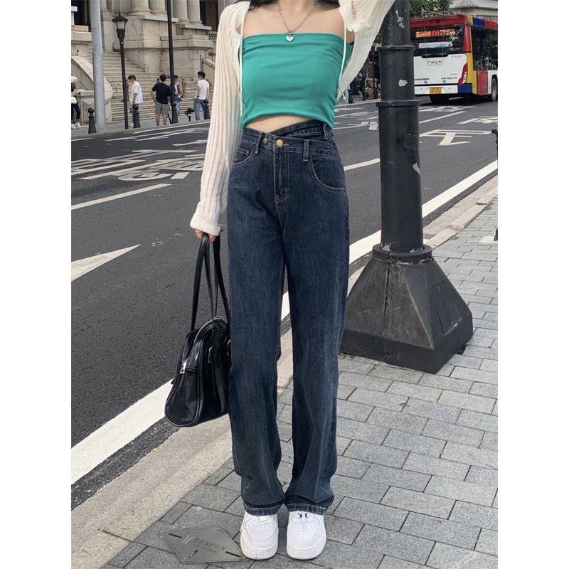 Xiaozhainv Quần jeans lưng cao dáng rộng phong cách Hàn Quốc dành cho nữ