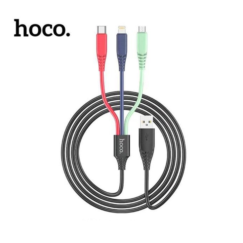 Cáp sạc Hoco DU04 3 in 1 ( Lightning+Micro+Type-C ) sạc nhanh 3.0A, dây dẻo màu sắc, đầu sạc chống gập dài 120cm