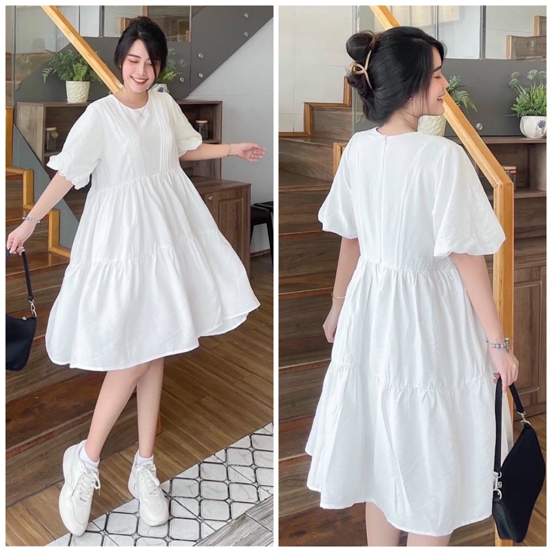 Đầm váy babydoll trắng tầng xếp li (kèm hình thật)