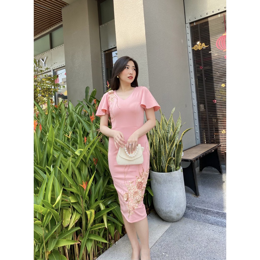 đầm cao cấp trung niên nữ, đầm dự tiệc thiết kế sang trọng phối hoa cao cấp