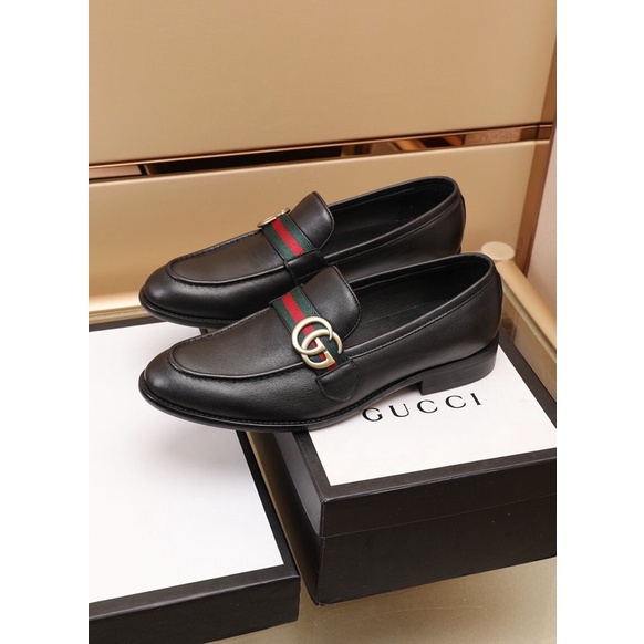 Giày tây lười công sở cho nam logo thương hiệu Gucci GG/GC da thật cao cấp màu đen trơn lịch lãm