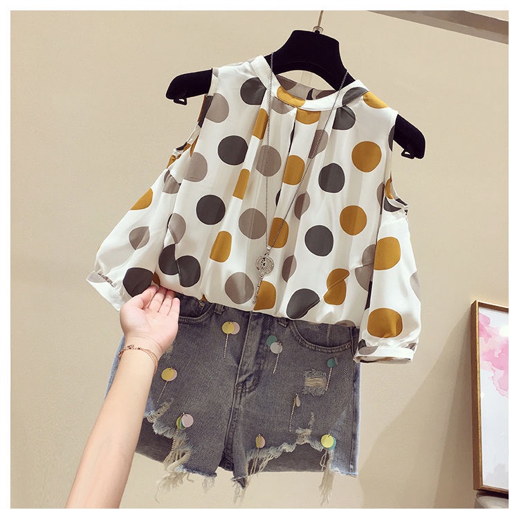 Áo Sơ Mi chiffon Hở Vai Dáng Rộng Họa Tiết Chấm Bi Nhiều Màu Sắc / Trắng / Đen Phong Cách Hàn Quốc Cho Nữ size m-3xl