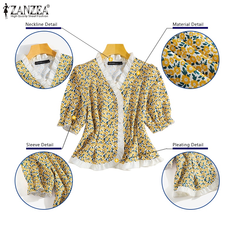 Áo Zanzea kiểu tay phồng cổ chữ v in họa tiết hoa phong cách Hàn Quốc thời trang cho nữ