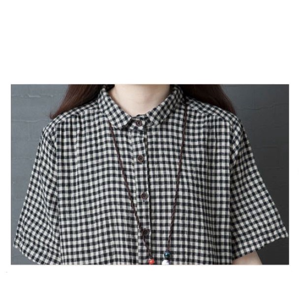 Váy đầm nữ dáng Babydoll, Đầm Midi Cổ Sơ Mi Tay Ngắn Kẻ Caro Chất đũi Da158