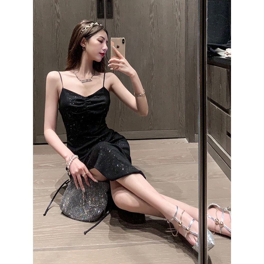 🌸Hàng Order🌸Váy Body Đen 2 Dây Sexy Xẻ Tà Lấp Lánh🌸Hàng Quảng Châu