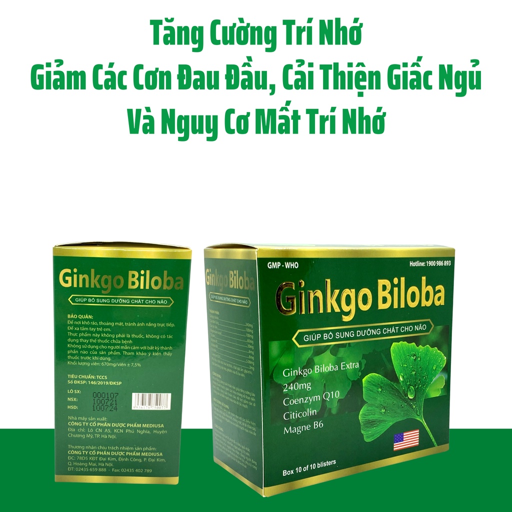Viên uống bổ não GINKGO BILOBA 240mg, Tăng Cường Trí Não, Giẩm Hoa Mắt Chóng Mặt – HỘP 100v