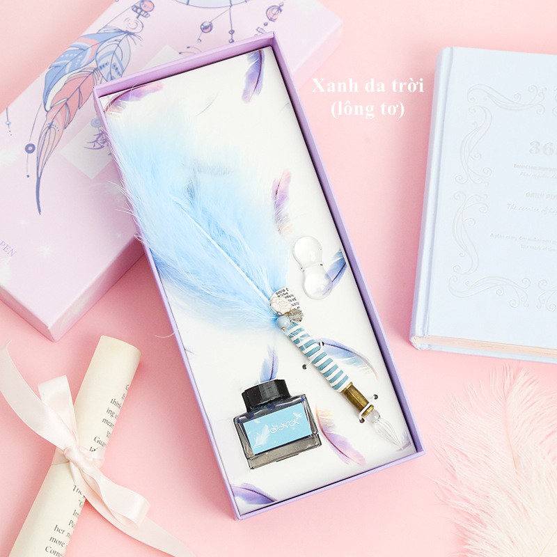 Bộ quà tặng bút thủy tinh lông vũ Long Xin kèm mực