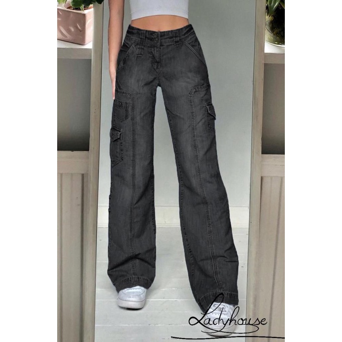 Quần Jean Ống Rộng Lưng Cao Màu Trơn Có Túi Size S/M/L Dành Cho Nữ