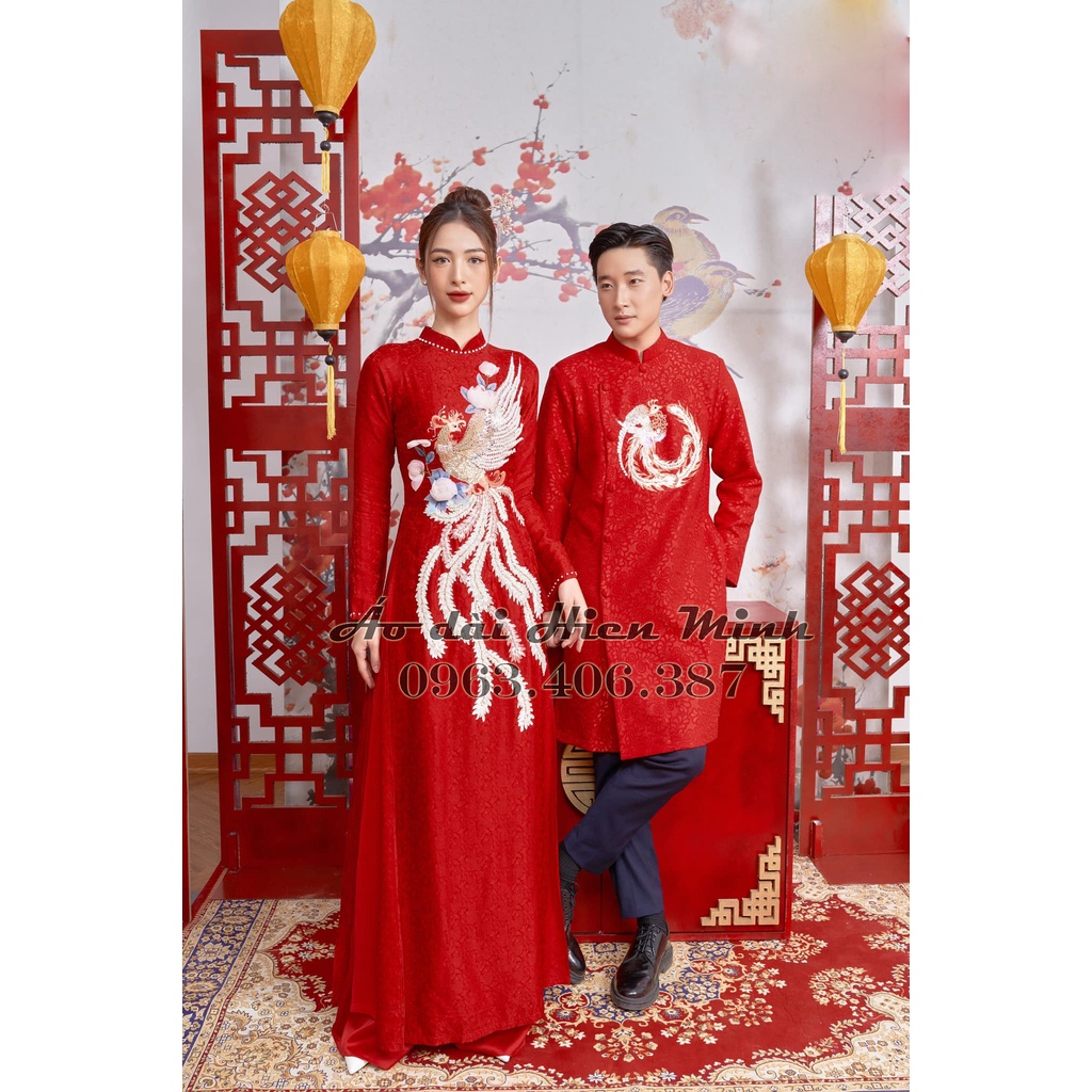 Áo dài cưới cặp đôi cô dâu chú rể màu đỏ sang trọng chất liệu gấm cao cấp họa tiết thê
