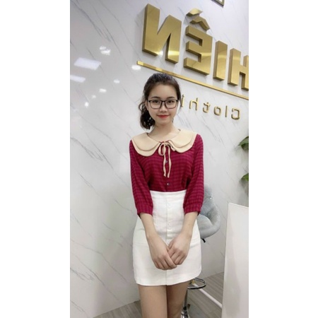 Áo sơ mi kẻ cổ sen nơ nhỏ nhiều màu chất thô mềm