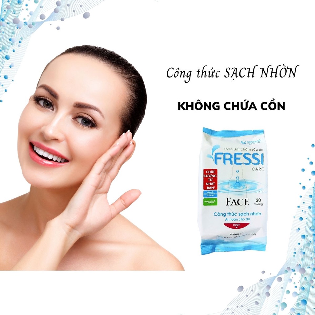 Khăn ướt mini Unicharm Fressi Care chăm sóc da với công thức sạch nhờn, không chứa cồn, chất lượng từ Nhật Bản, 20 miếng