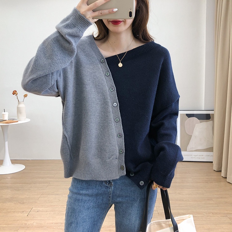 Áo dệt kim SUXI tay dài dáng rộng phối nút bất đối xứng kiểu hàn quốc thời trang mùa thu cho nữ