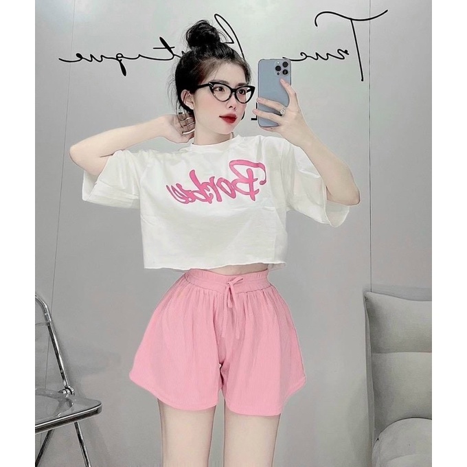 Set Bộ Barbie Áo Croptop Tay Ngắn Fom Rộng Kèm Short Loe alohashop91