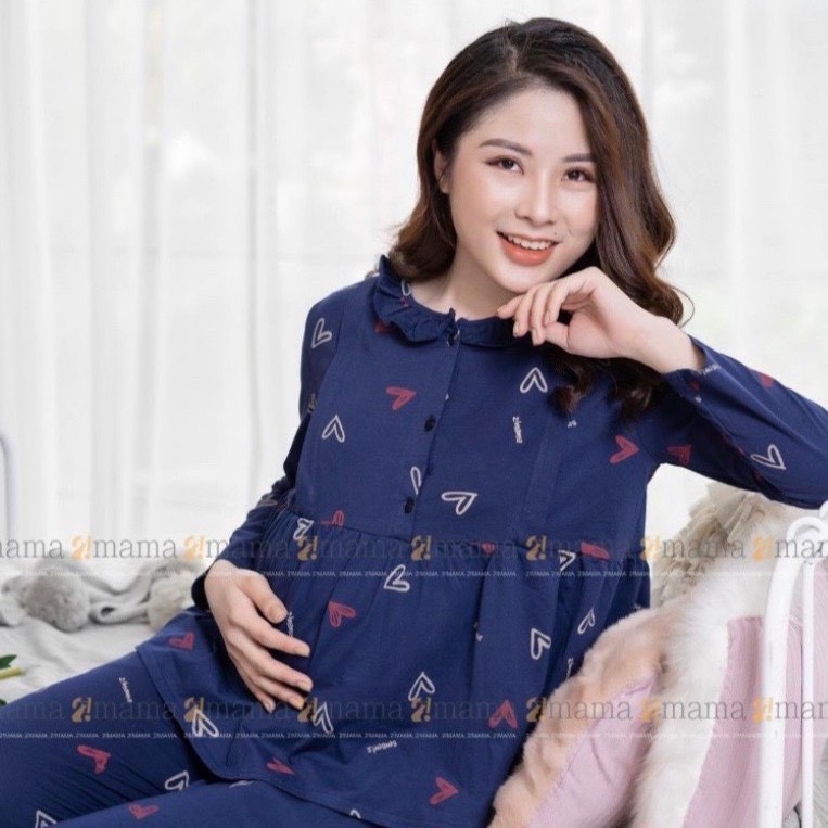 Bộ đồ bầu và sau sinh dài tay thiết kế cổ bèo siêu xinh có kéo khóa ngực cho con ti BD904