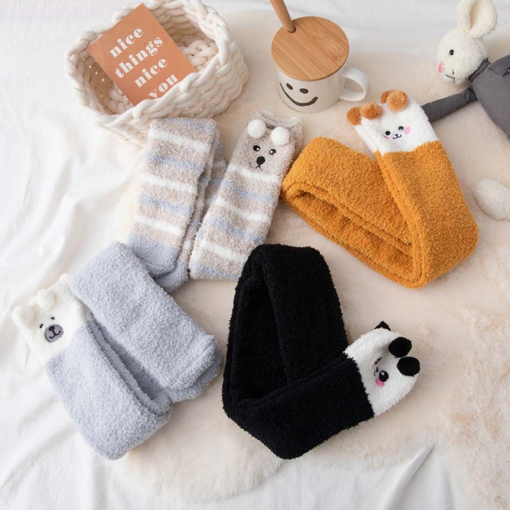 Vớ dài tới gối co giãn bằng vải lông cừu san hô hình gấu trúc dễ thương thoải mái phong cách Nhật Bản cho nữ sinh