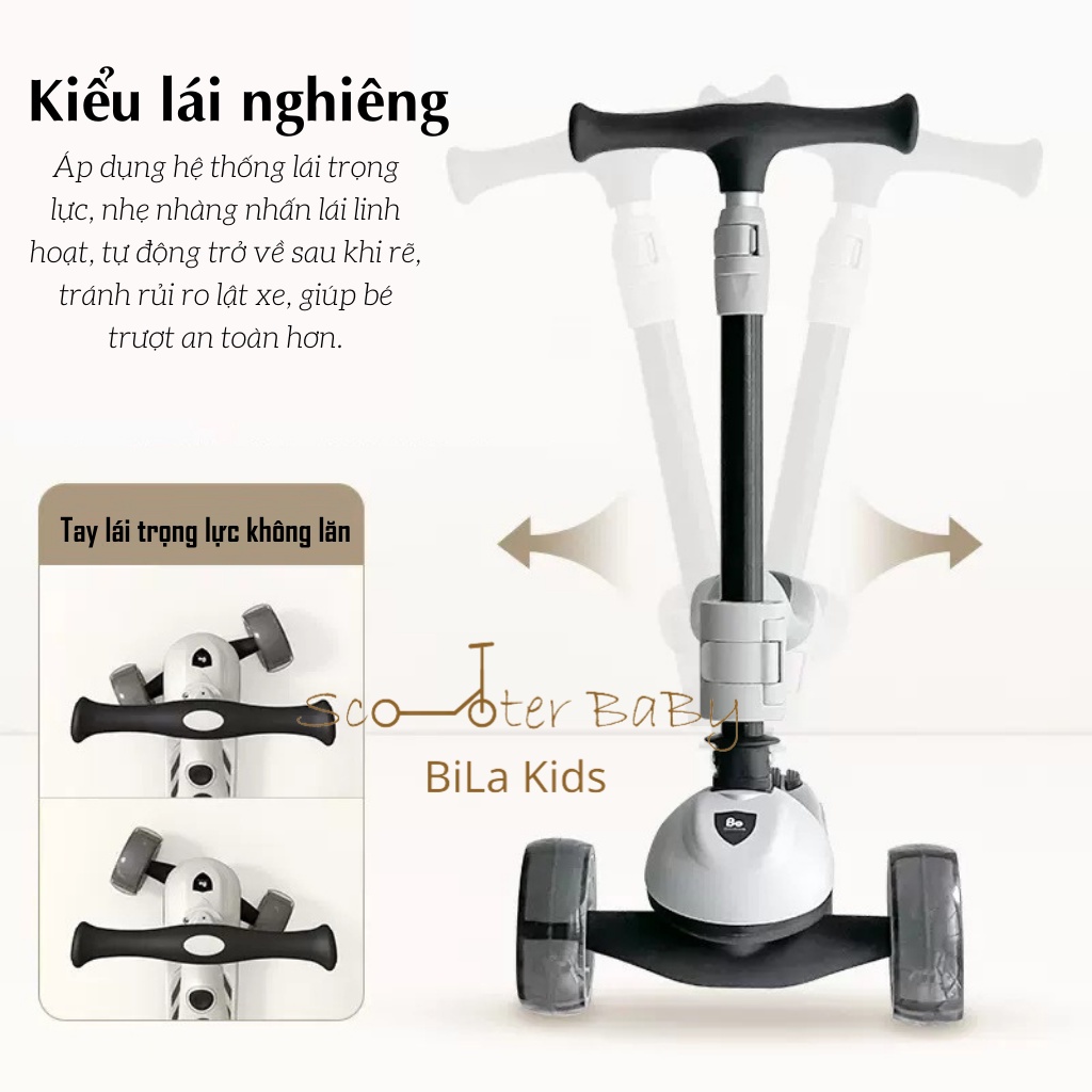 Xe scooter chòi chân cho bé BILA KIDS từ 1-14 tuổi, có ghế, tay đẩy, tải trọng 100kg Siêu bền, scoot and ride