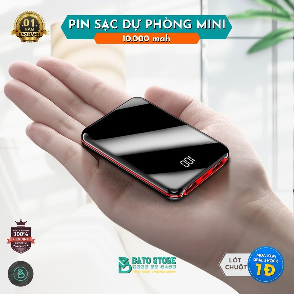 Sạc Dự Phòng MINI M10 10.000mAh tráng gương 2 mặt - 2 cổng đầu ra sạc cùng lúc 2 thiết bị - Tặng túi chống sốc