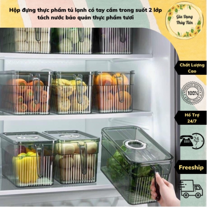 Hộp đựng thực phẩm tủ lạnh có tay cầm trong suốt 2 lớp tách nước bảo quản thực phẩm tươi