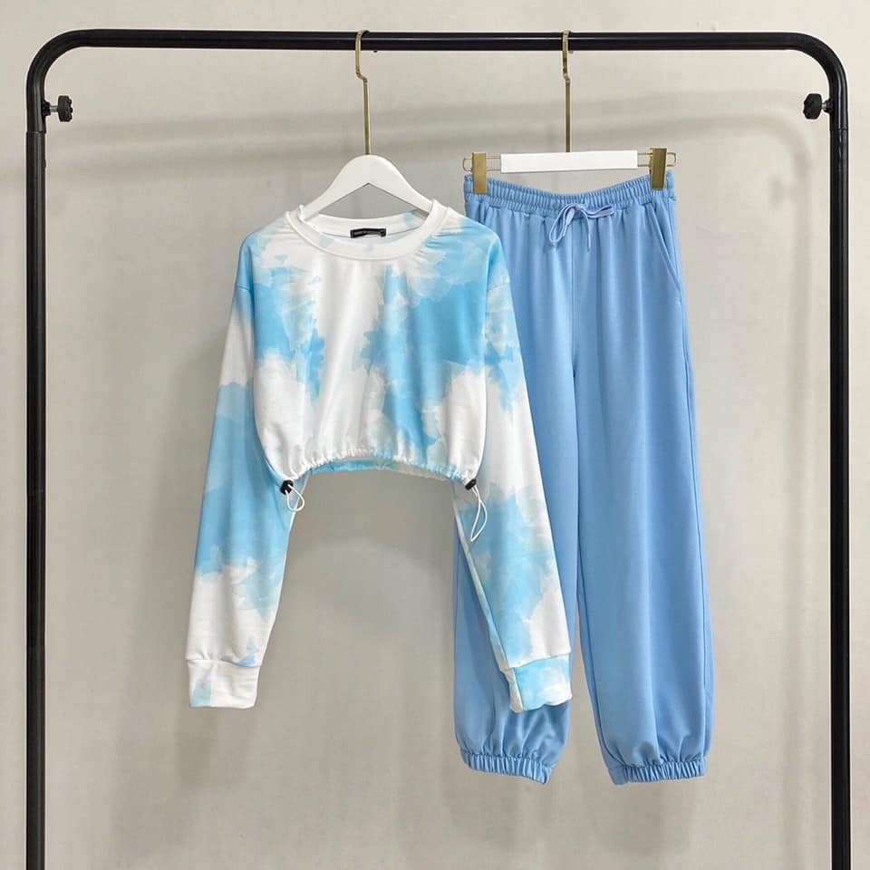 Set trang phục áo croptop tay dài loang màu tie dye + quần dài trơn ống bo basic pant