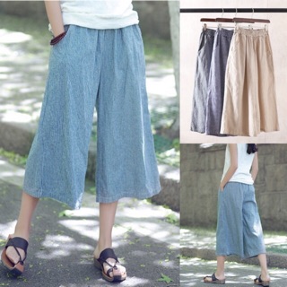 Quần Linen ống rộng sọc chất liệu mùa hè