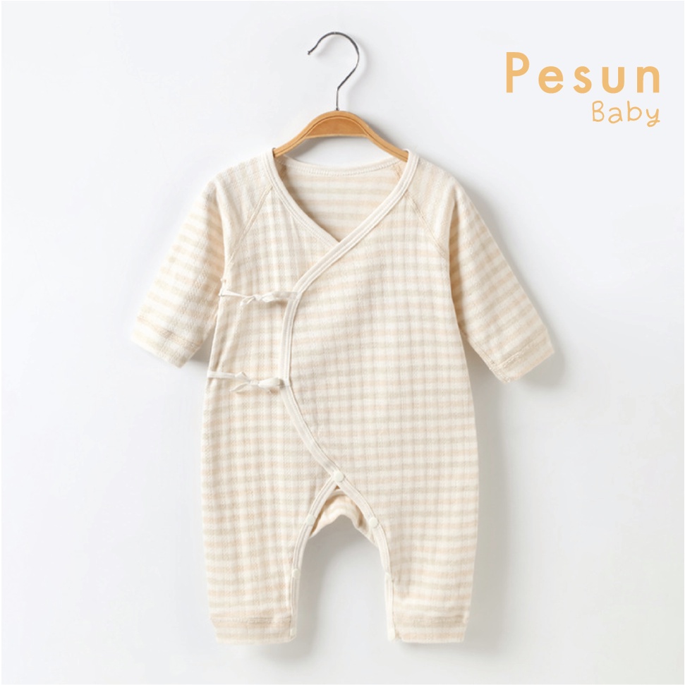 Áo Liền Quần Dài Tay Vạt Chéo Sơ Sinh 100% Vải Cotton An Toàn Cho Bé