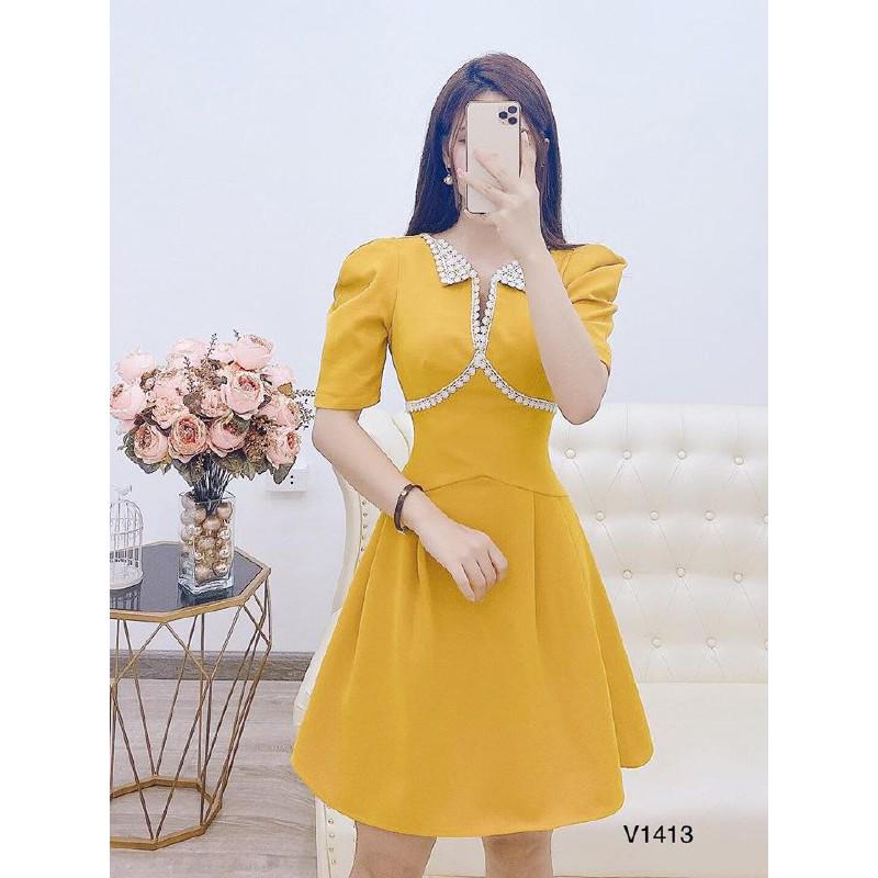 Đầm kate vàng dáng suông cổ V nữ tính V1413 Mie Design kèm ảnh thật