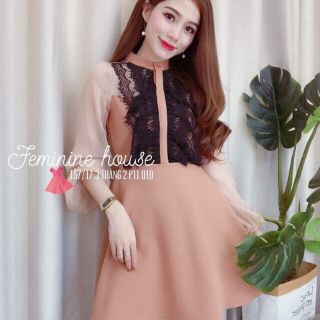 Đầm xòe tay dài phối lưới