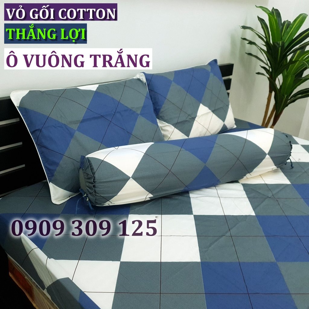 bộ ga Thắng lợi cotton, ga giường IN LOGO (4 món) (mẫu ô xanh xám) ảnh thật