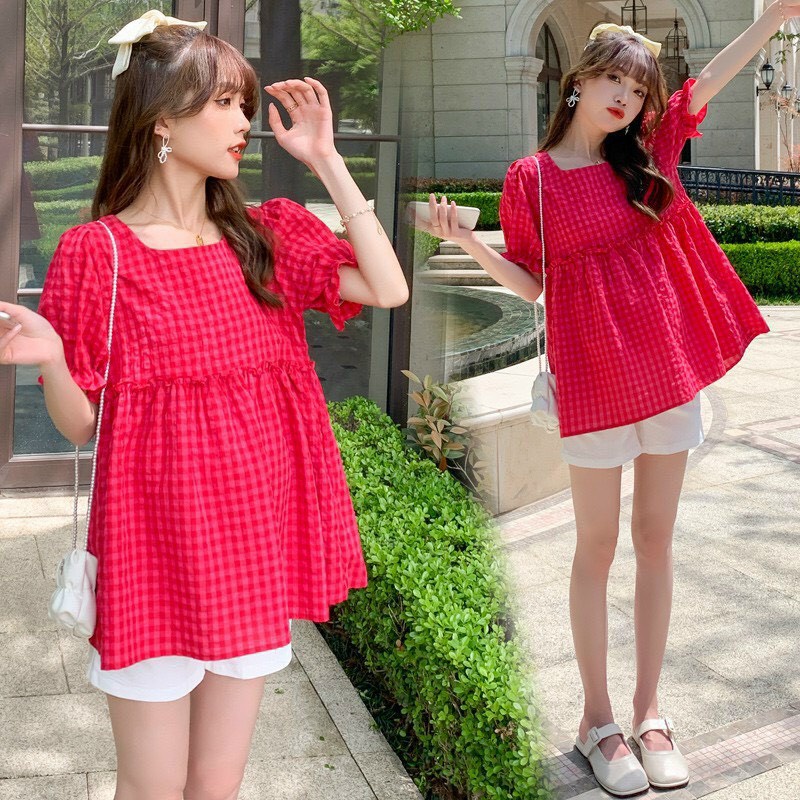 Áo Bầu Kẻ Hàn cổ vuông ,có dây buộc sau lưng siêu điệu đà,tay bồng tiểu thư-freesize 43-68kg