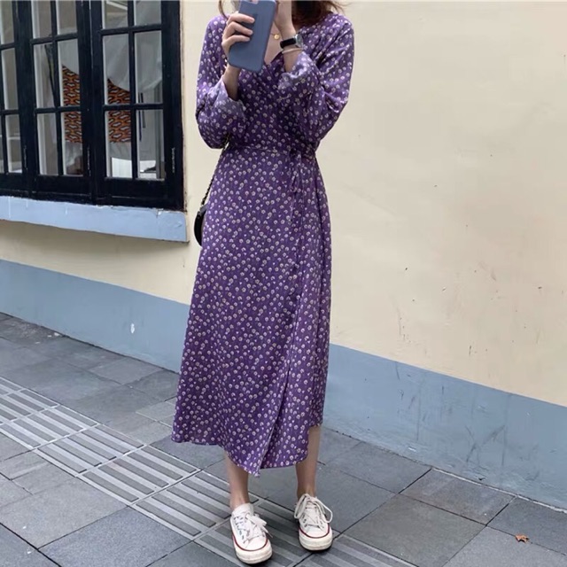 Váy hoa nhí tím dài dáng dài, ngắn tay, dài tay