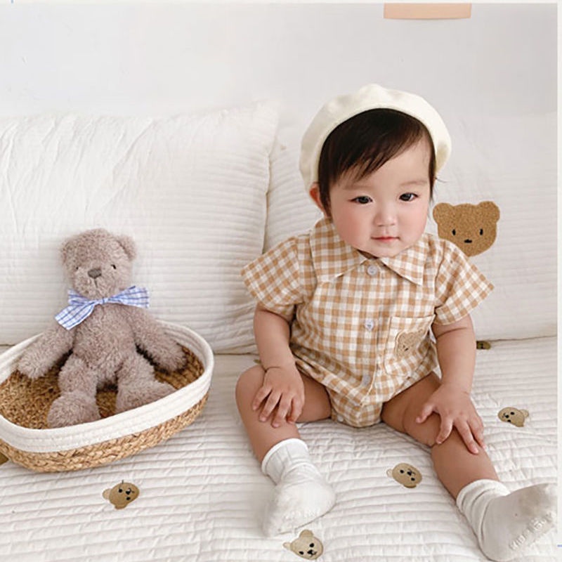 Bộ Áo Liền Quần Tay Ngắn Chất Liệu Cotton In Họa Tiết Kẻ Ô Gấu Thời Trang Mùa Hè Cho Bé Trai