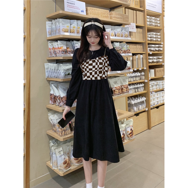Đầm Nữ Giả Hai Lớp Thắt Lưng Họa Tiết Caro Phong Cách Hàn Quốc Thời Trang
