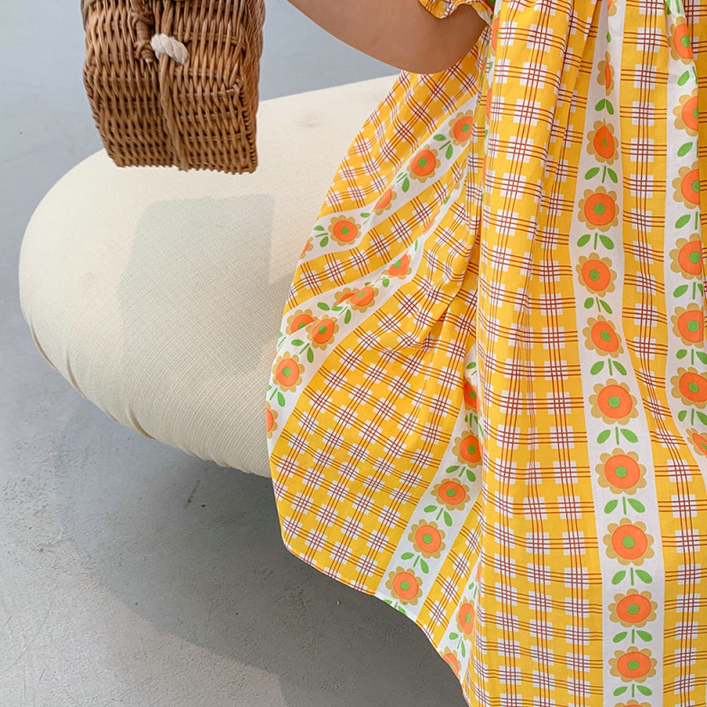 Đầm công chúa BEAR LEADER AZ2763 cổ vuông phối ren kẻ sọc in hoa thời trang hè năm 2022 cho bé gái