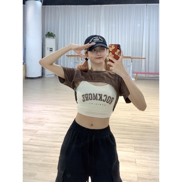 sét áo croptop khoét ngực cá tính in chữ cực đẹp roc1 chất thun gân