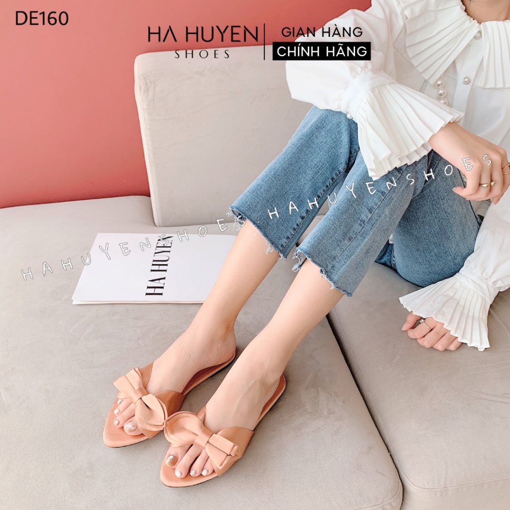 Dép nữ thắt nơ lụa Hà Huyền Shoes mũi nhọn hở ngón thời trang - DE160