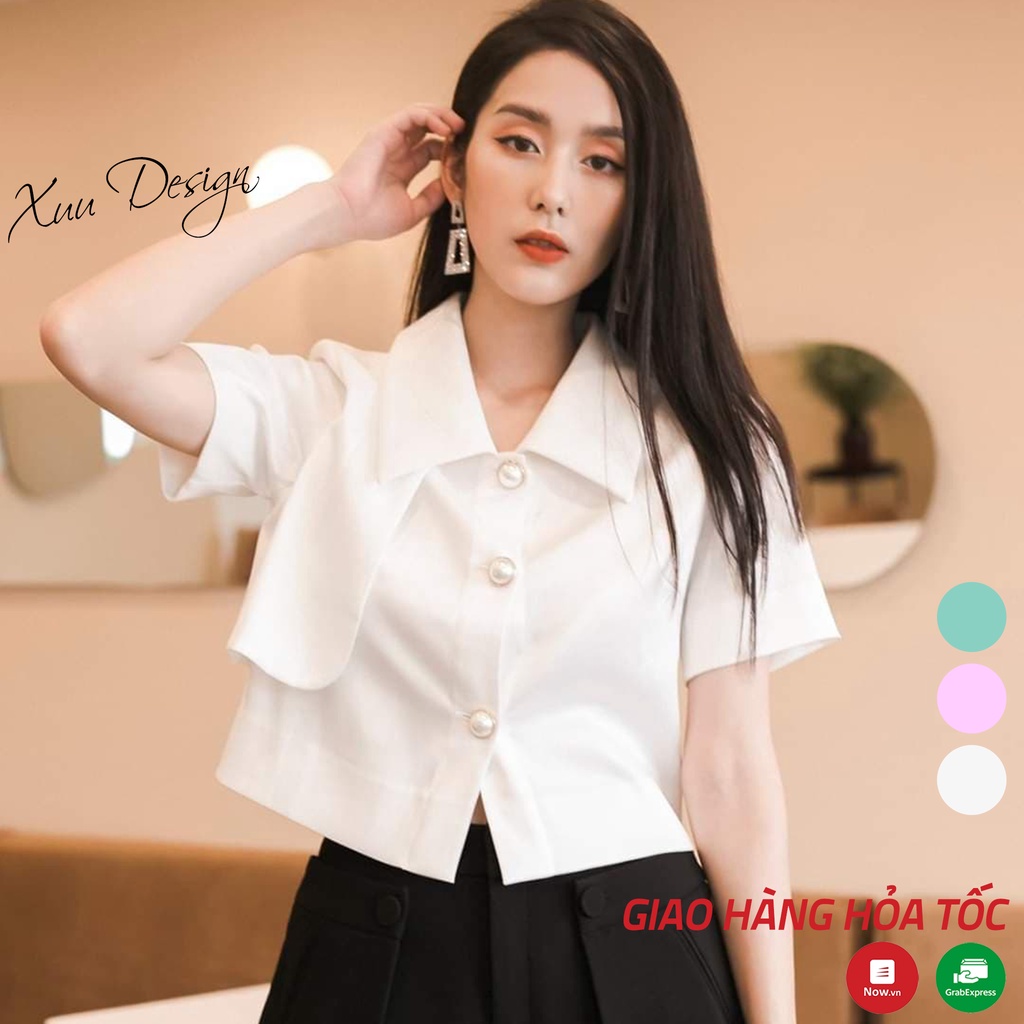 Áo sơ mi nữ croptop Xuu, chất liệu vải kate tay ngắn cổ sen vuông trẻ trung - SP16