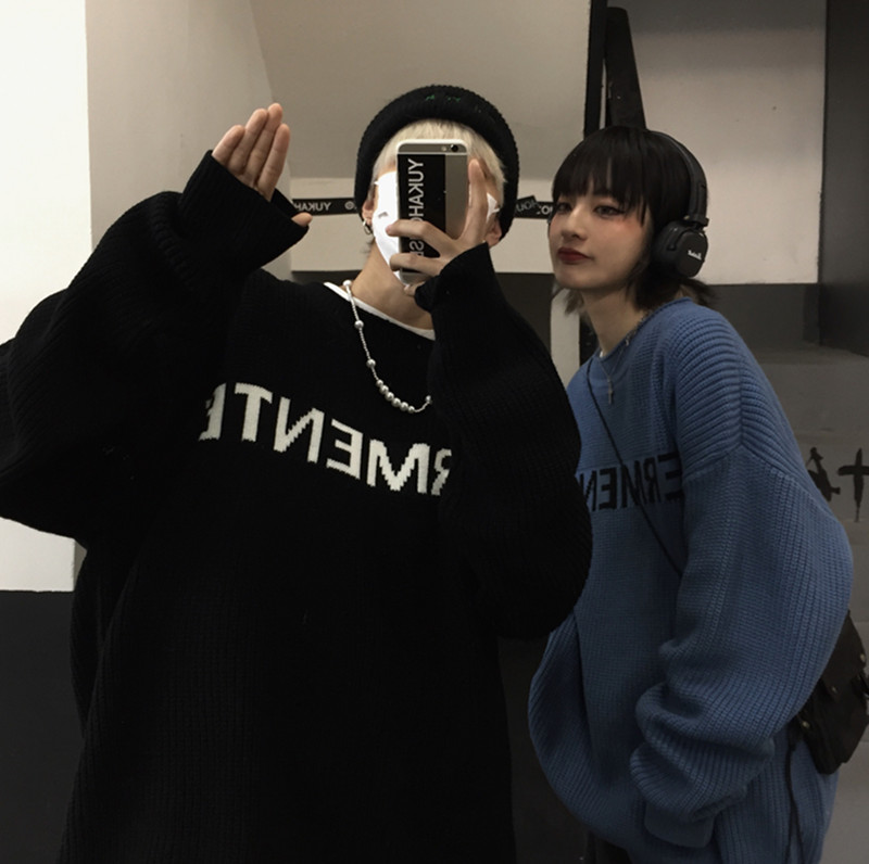 Áo Len Dệt Kim Dài Tay Áo Kiểu Hàn Quốc Dáng Rộng In Chữ Dễ Phối Đồ Hợp Thời Trang