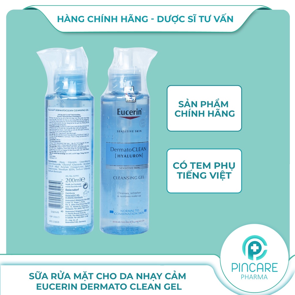 Sữa rửa mặt da nhạy cảm Eucerin Dermato Clean Gel 200ml - Hàng chính hãng - Nhà thuốc PinCare