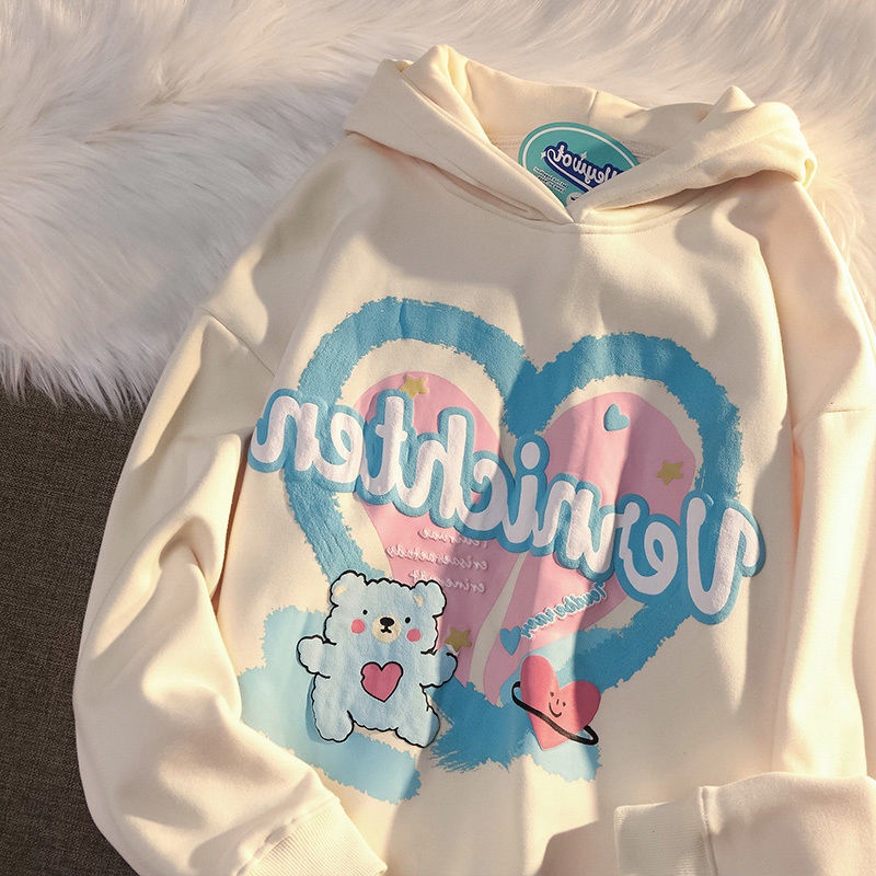 Áo Hoodie Dáng Rộng In Họa Tiết Gấu Và Trái Tim Phong Cách Harajuku Thu Đông Hàng Mới Dành Cho Nữ Sinh